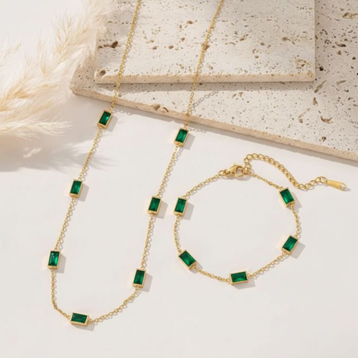 Emerald Rectangle Necklace & Bracelet Set