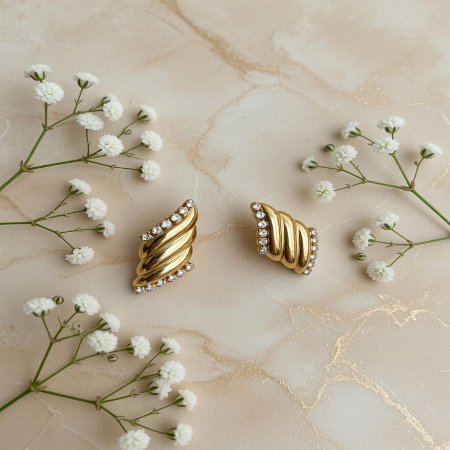Gold Ribbed Crystal Studs