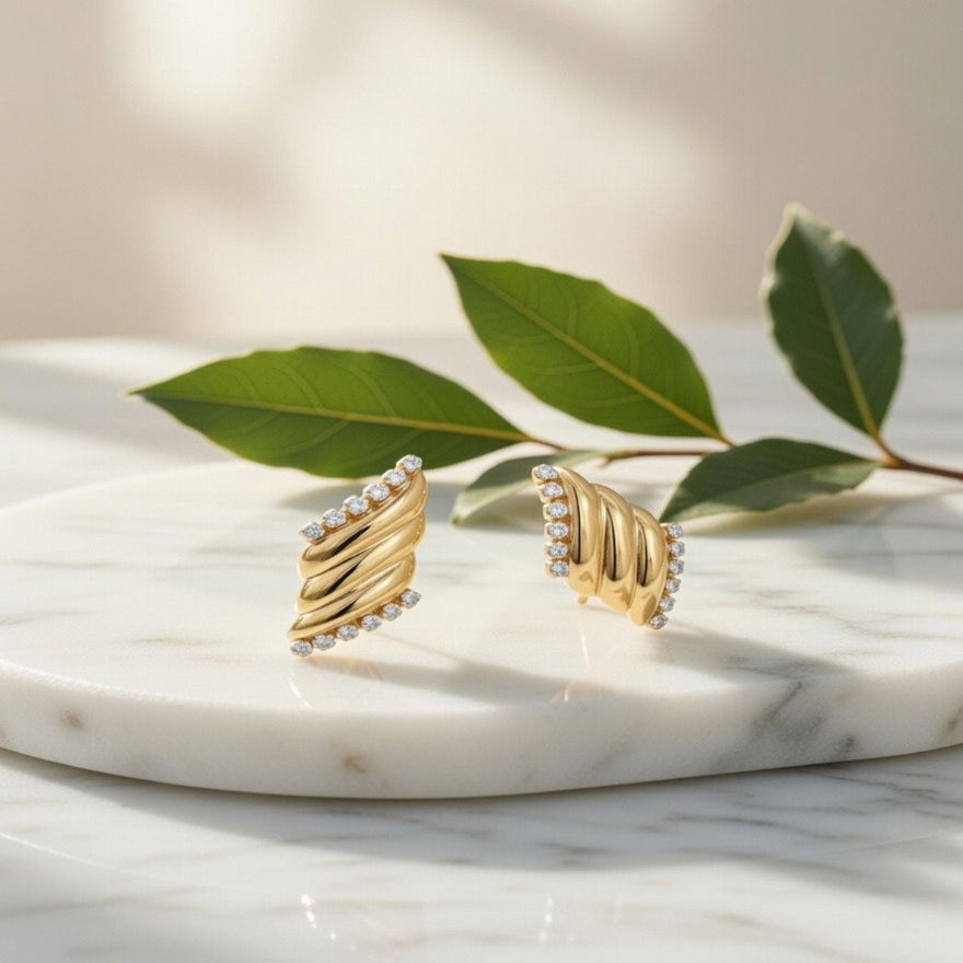 Gold Ribbed Crystal Studs