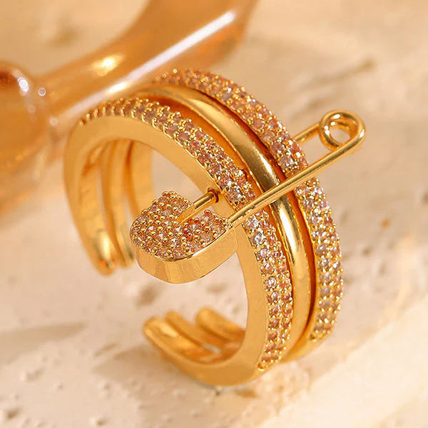 Luxe Safety Pin Pavé Gold Ring